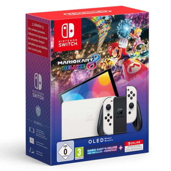 Console Nintendo Switch™ OLED modèle blanche + Jeu Super Mario Bros Wonder préinstallé + 1 code de téléchargement au service Nintendo Switch Online - Abonnement individuel de 12 mois
