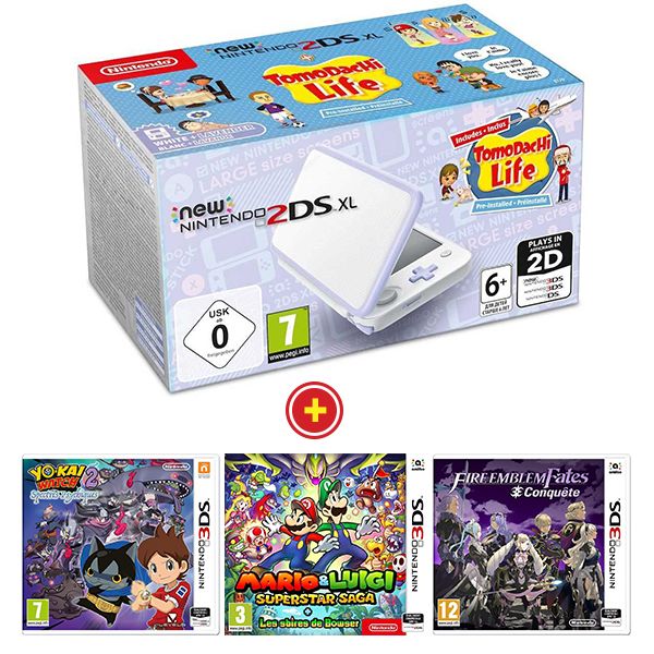 New Nintendo 2DS XL White & Lavender + Tomodachi Life + jeux