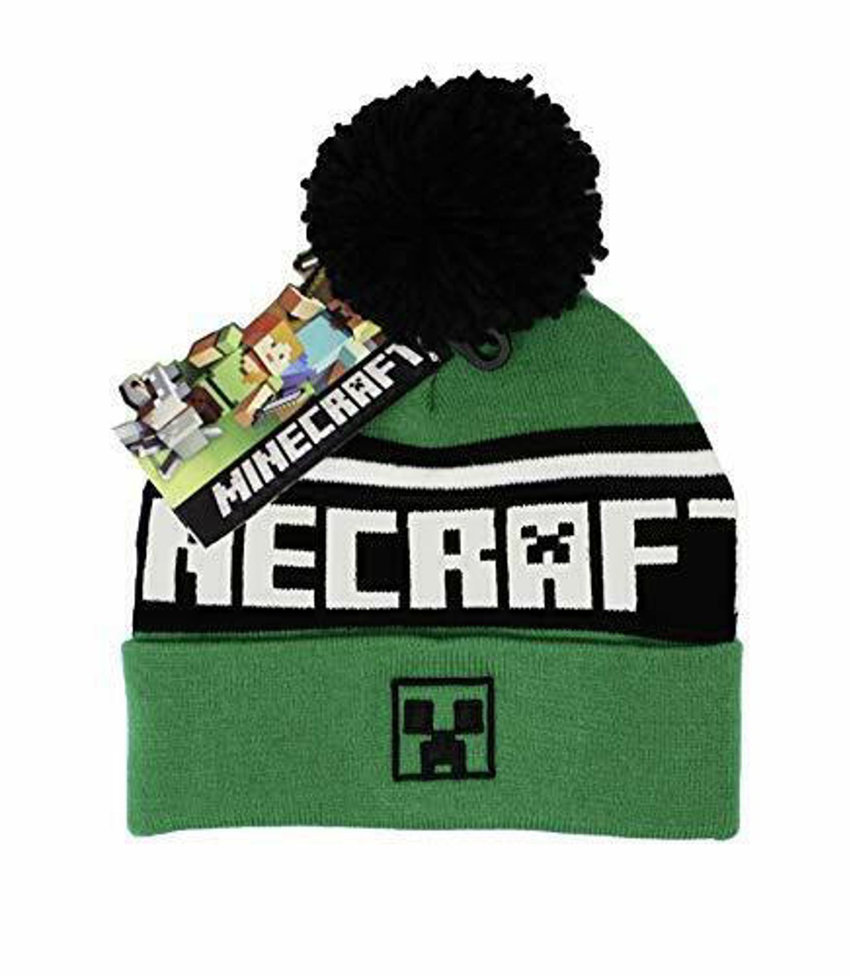 Minecraft - Bonnet à pompon Vert et Noir Logo de Creeper