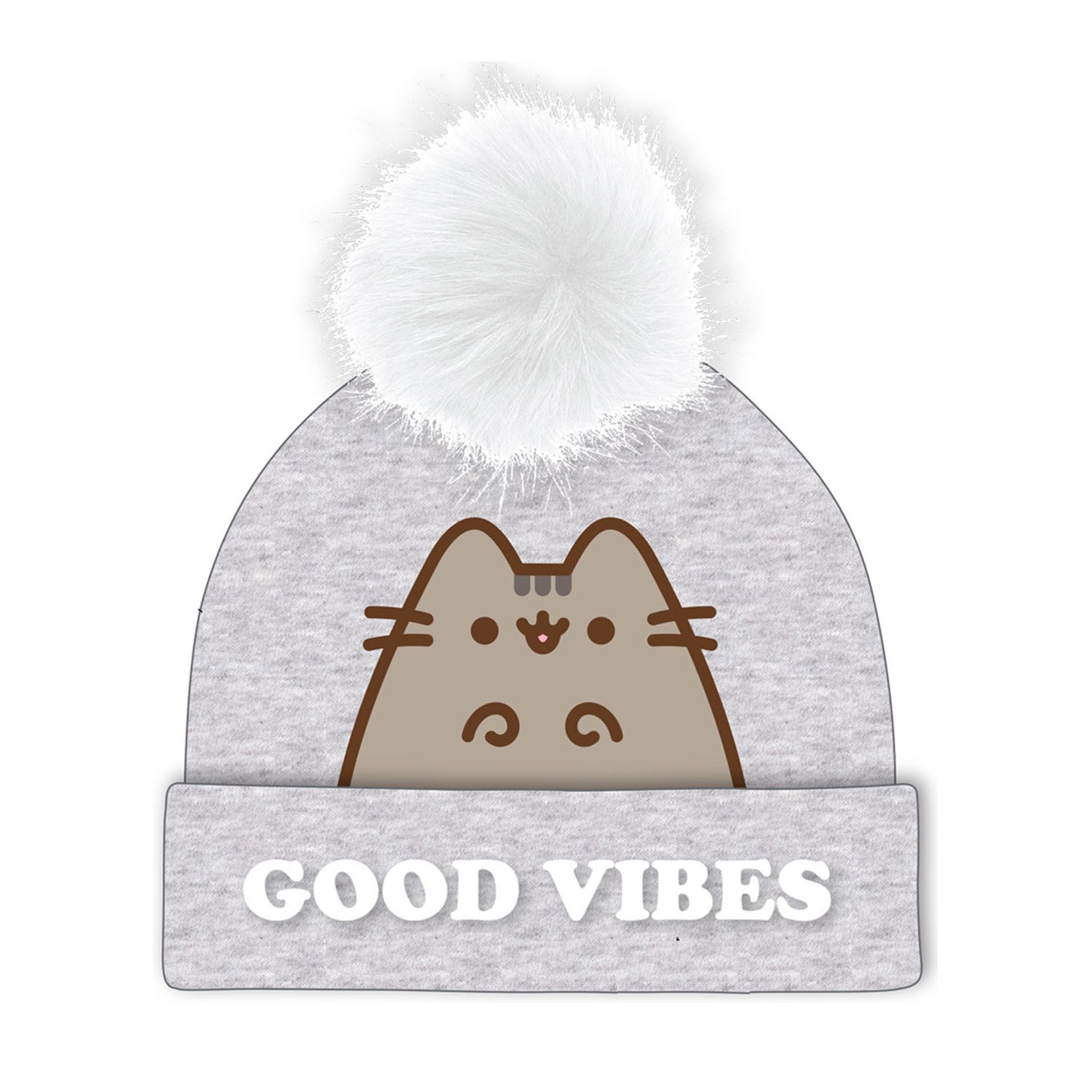 Pusheen - Bonnet à pompon Gris et Blanc \"Good Vibes\"