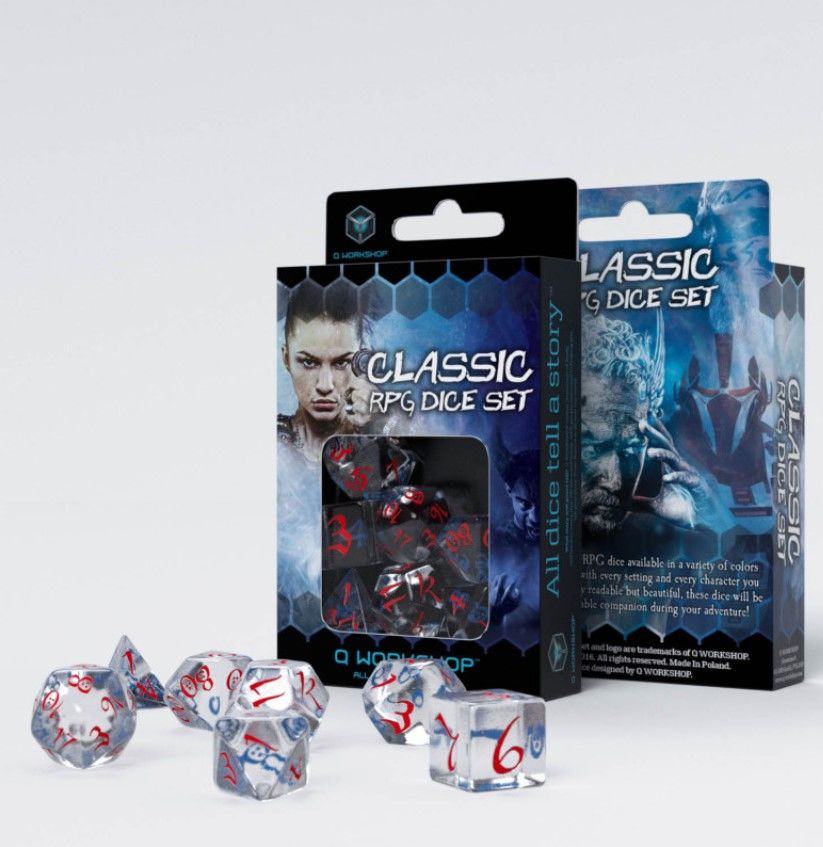 Lot de 7 dés- Classic RPG- Transparent bleu et rouge